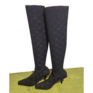 Gucci Boots Over The Knee OTK GG LOGO Crystal Tall Sock Black Silver Heels 38